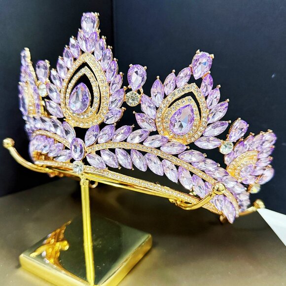 Quinceanera Crown, Purple Rhinestone Crown, Large Size Crown, Gold Crystal Crown - Picture 4 of 7